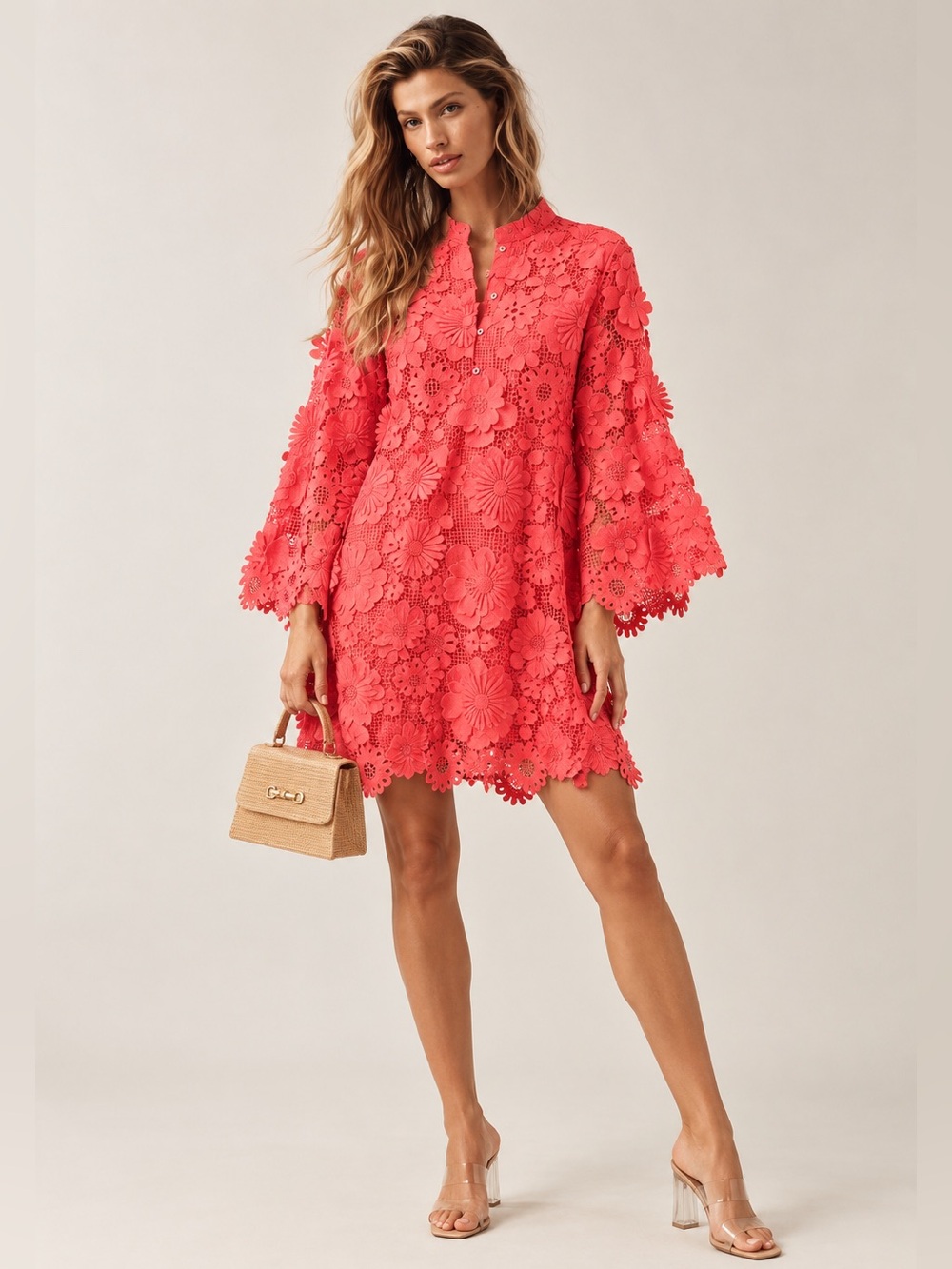 NWT J.Marie Seraphina Floral 3D Lace Split Round Button Up Neck Shift Dress Sz M